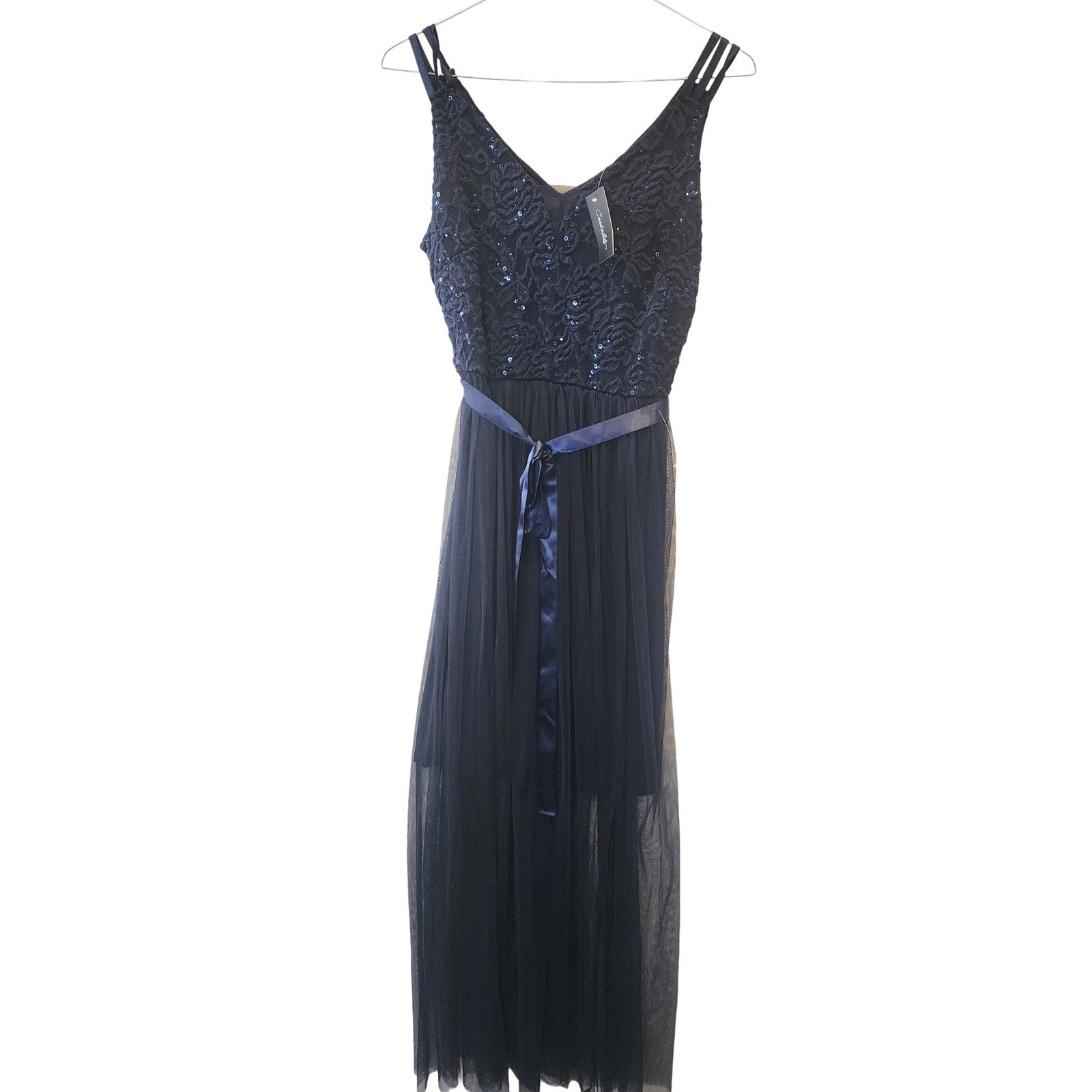 Candalite Navy Blue Sequin Lace Tulle Formal Gown Dress Womens M NWT