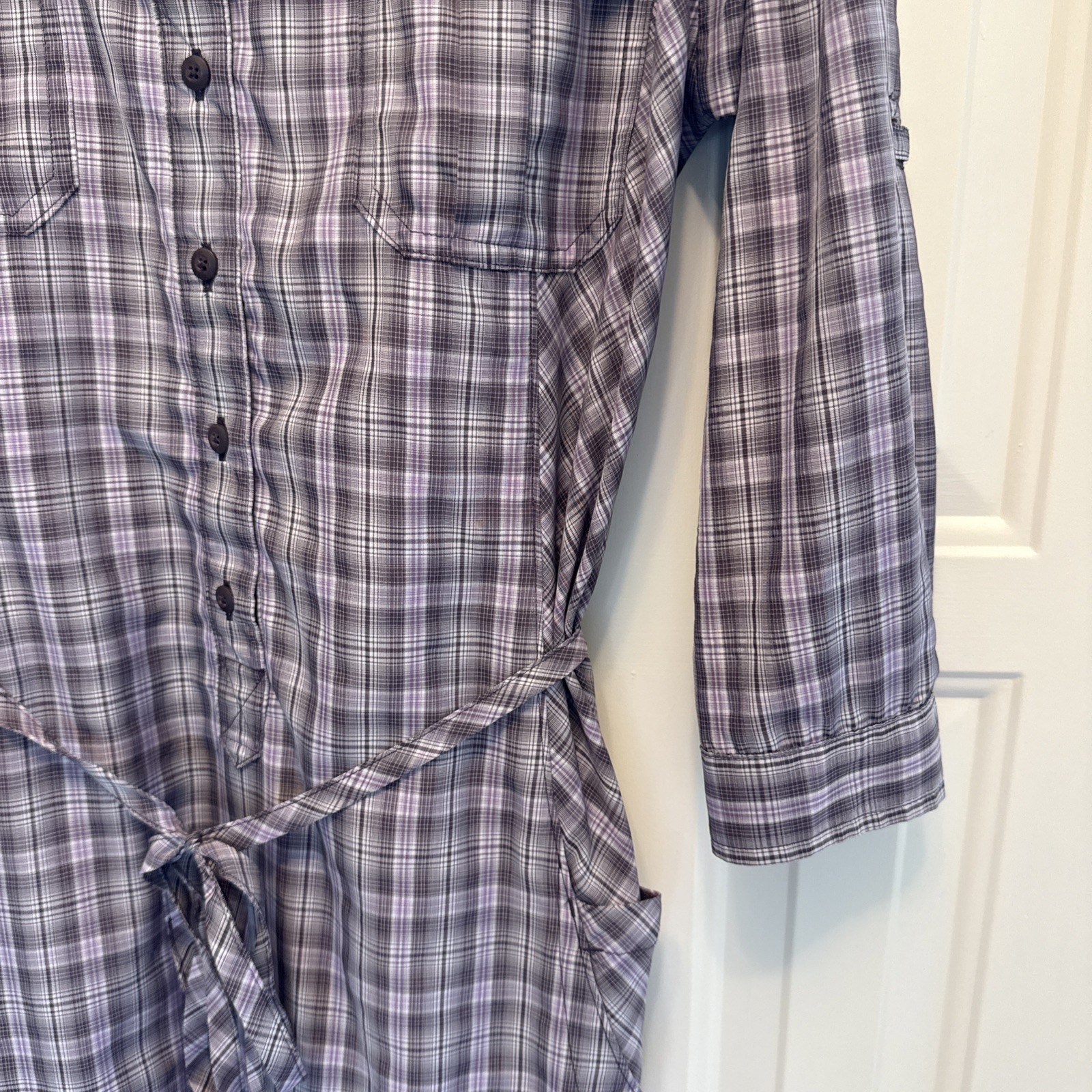 Duluth Purple Plaid Button-Down Shirt Dress Tie Pockets Size M polyester nylon