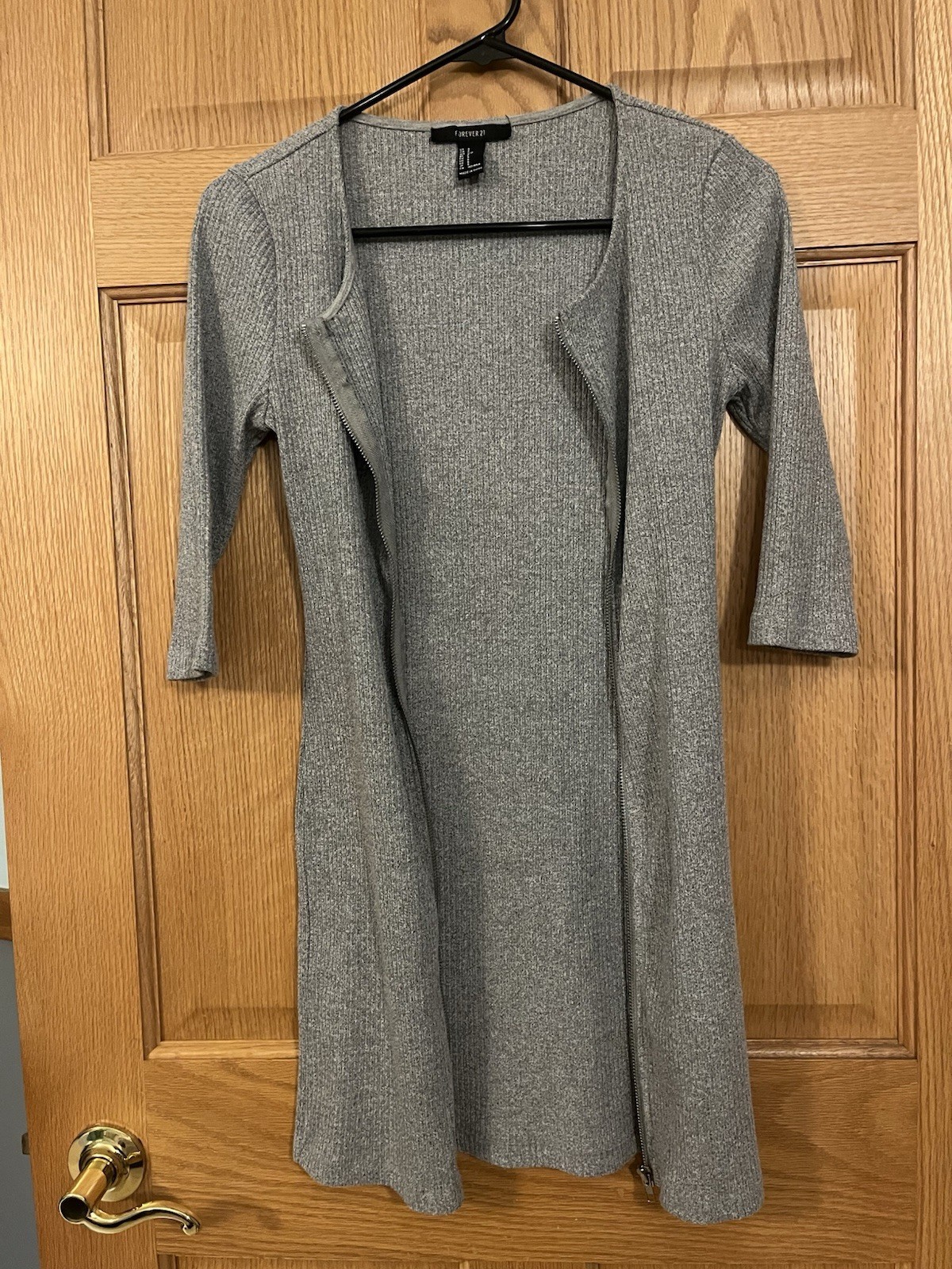 Forever 21 Gray Ribbed Knit Stretch 3/4 Sleeve Zip Front Bodycon Mini S