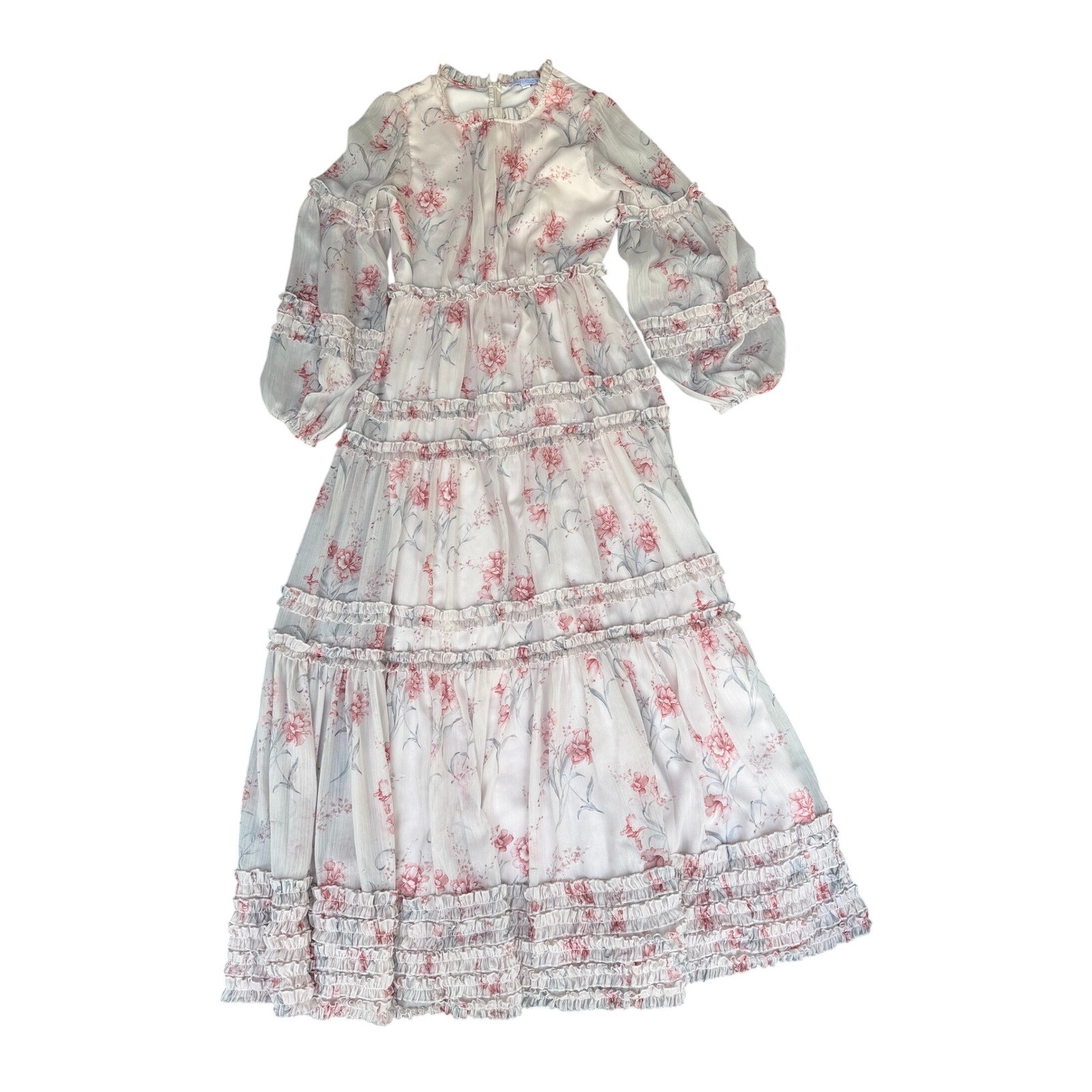 Ivy City Co Floral Tiered Maxi Dress Pink Cream Ruffle Smocked Long Sleeve S