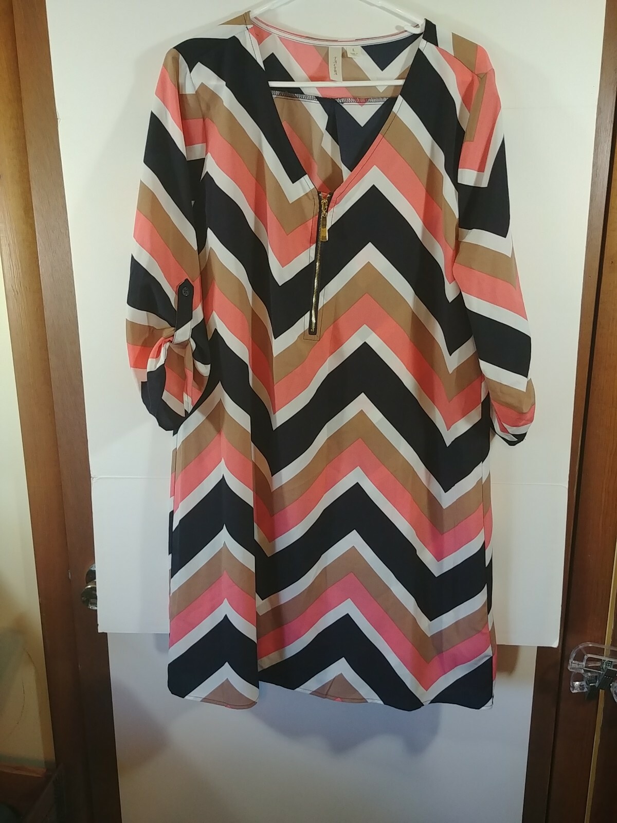 Tacera Brand Multi Color A-Line Dress, Size L, Front Exposed Zipper, #2623