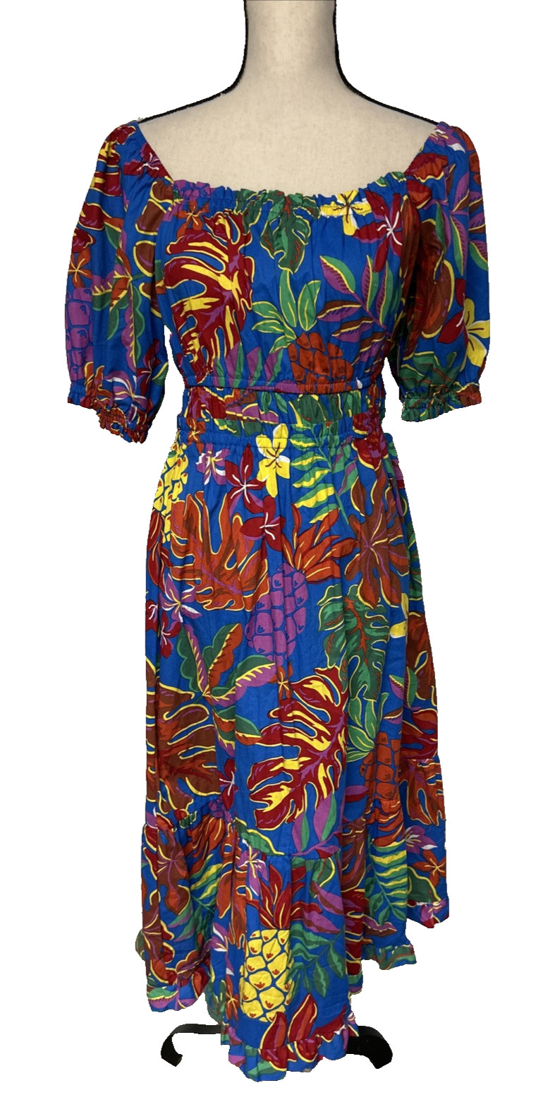 Indigo Rose Cotton Maxi Dress Blue Multicolor Tropical Floral Women’s M NWT