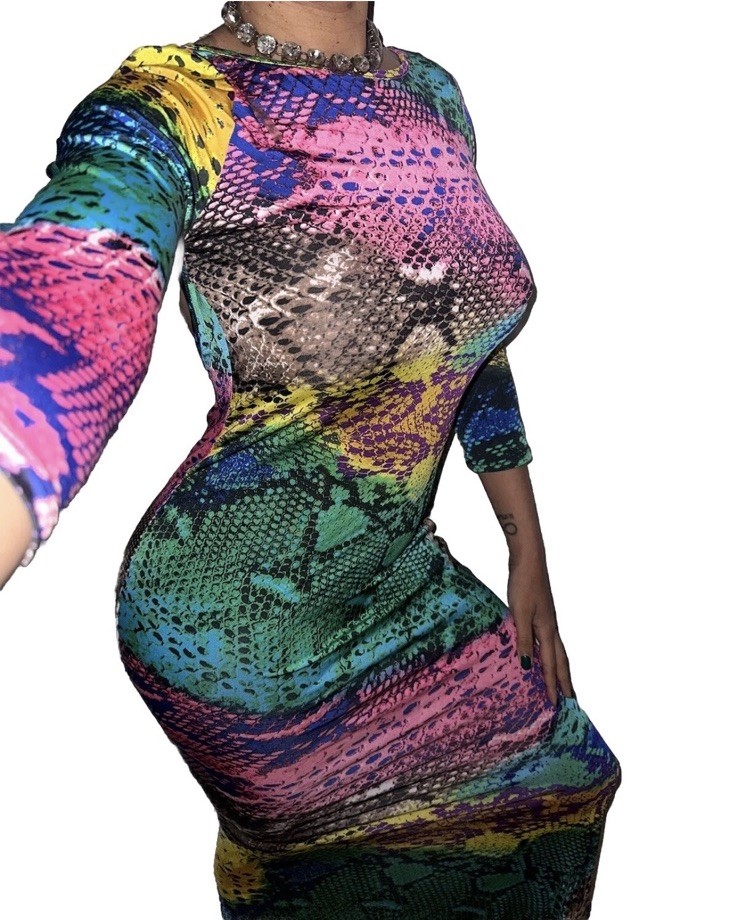 Auditions Maxi Dress Open Cut Out Keyhole Back Snake Rainbow Jersey Stretch L