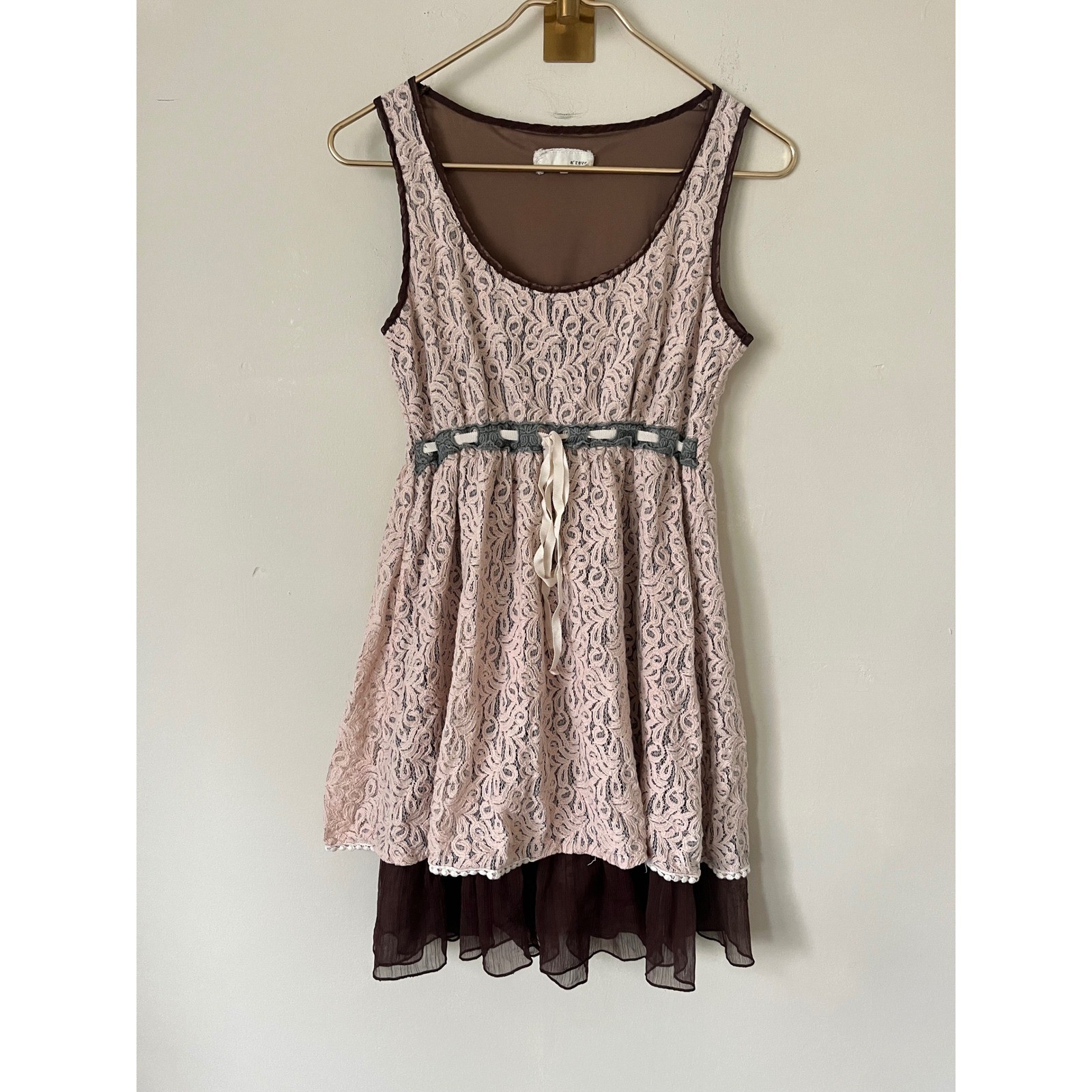 A’reve Pink Floral Lace Layered Cottagecore Mini Dress Brown Ruffle Trim Small