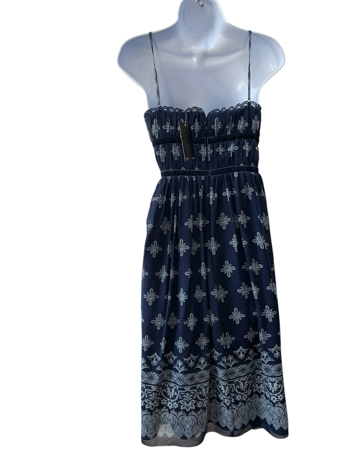 New Max & Cleo Boho Print Silk Dress 10 Sweetheart Neck Blue Sleeveless NWT $138