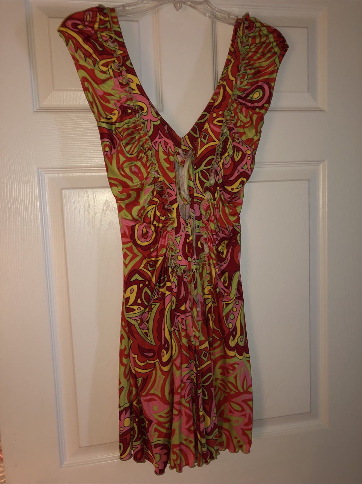 NWOT Moda International Psychedelic Multicolor Silky Jersey Lace Up Dress Sz XS