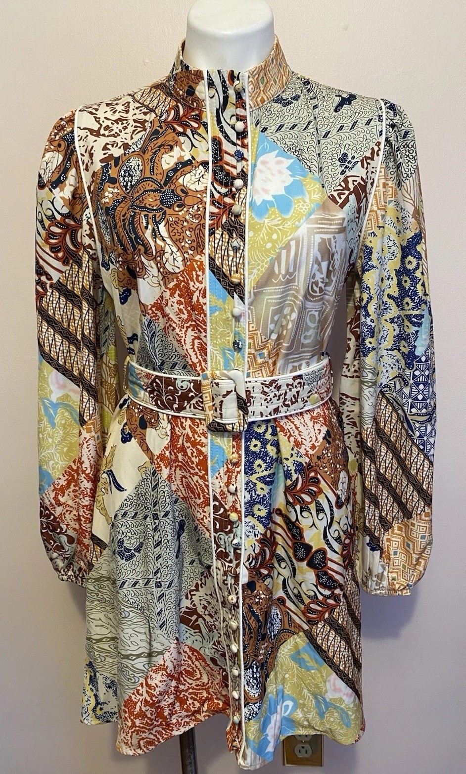 NWT Dalia Macphee Balloon Sleeve Dress Floral Stretch Covered Buttons NEW Large