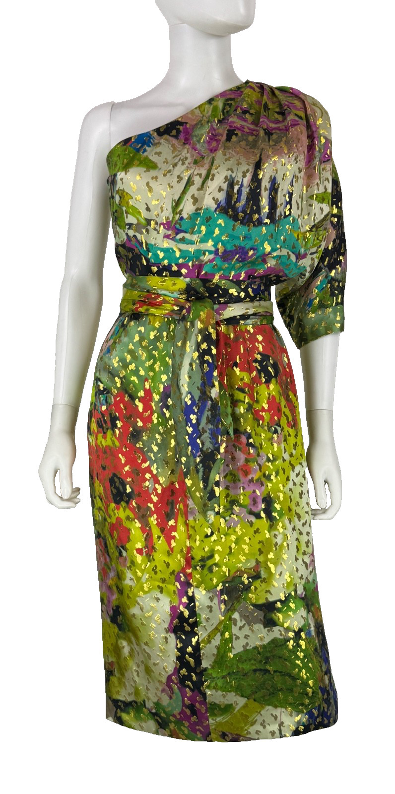 Naeem Khan One Shoulder Resort Midi Silk Dress 8 US 44 IT M Green Gold Belted