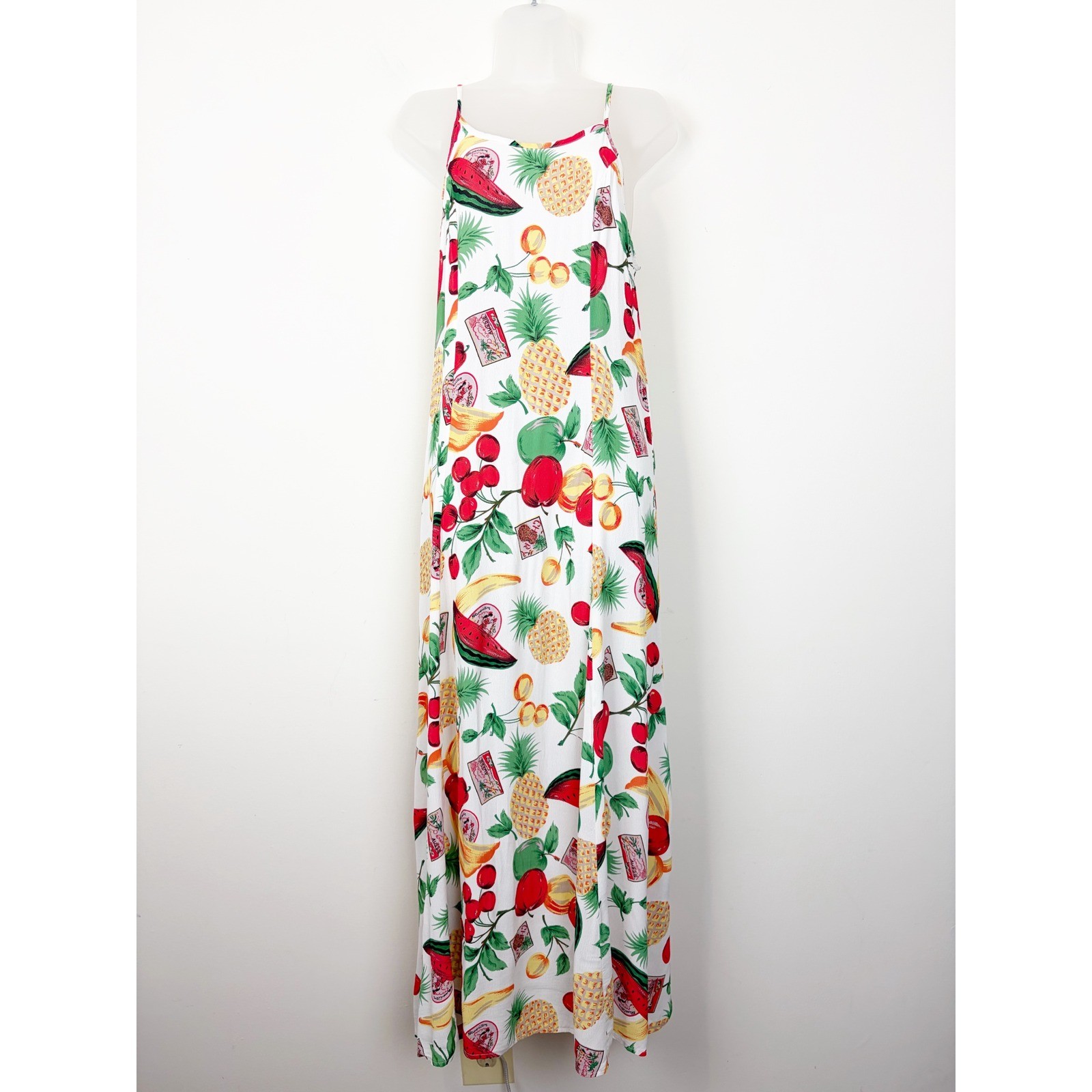 Citron Santa Monica VTG Tropical Fruit Print Maxi Slip Dress White Sz S Hawaiian