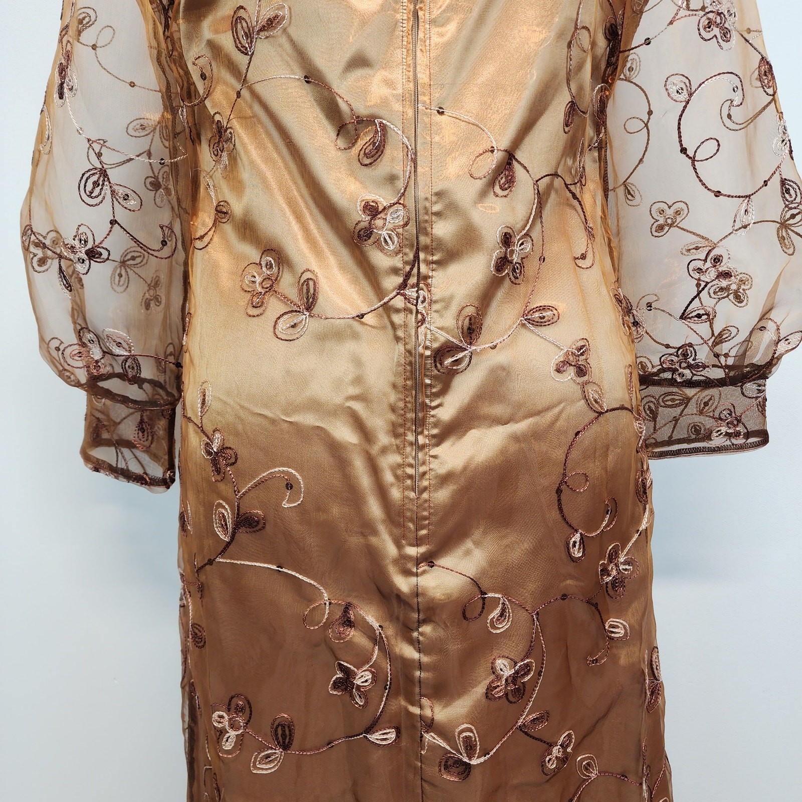 Embroidered Regency Floor Length Dress Size L Brown Damask Taffeta Sheer Whimsy