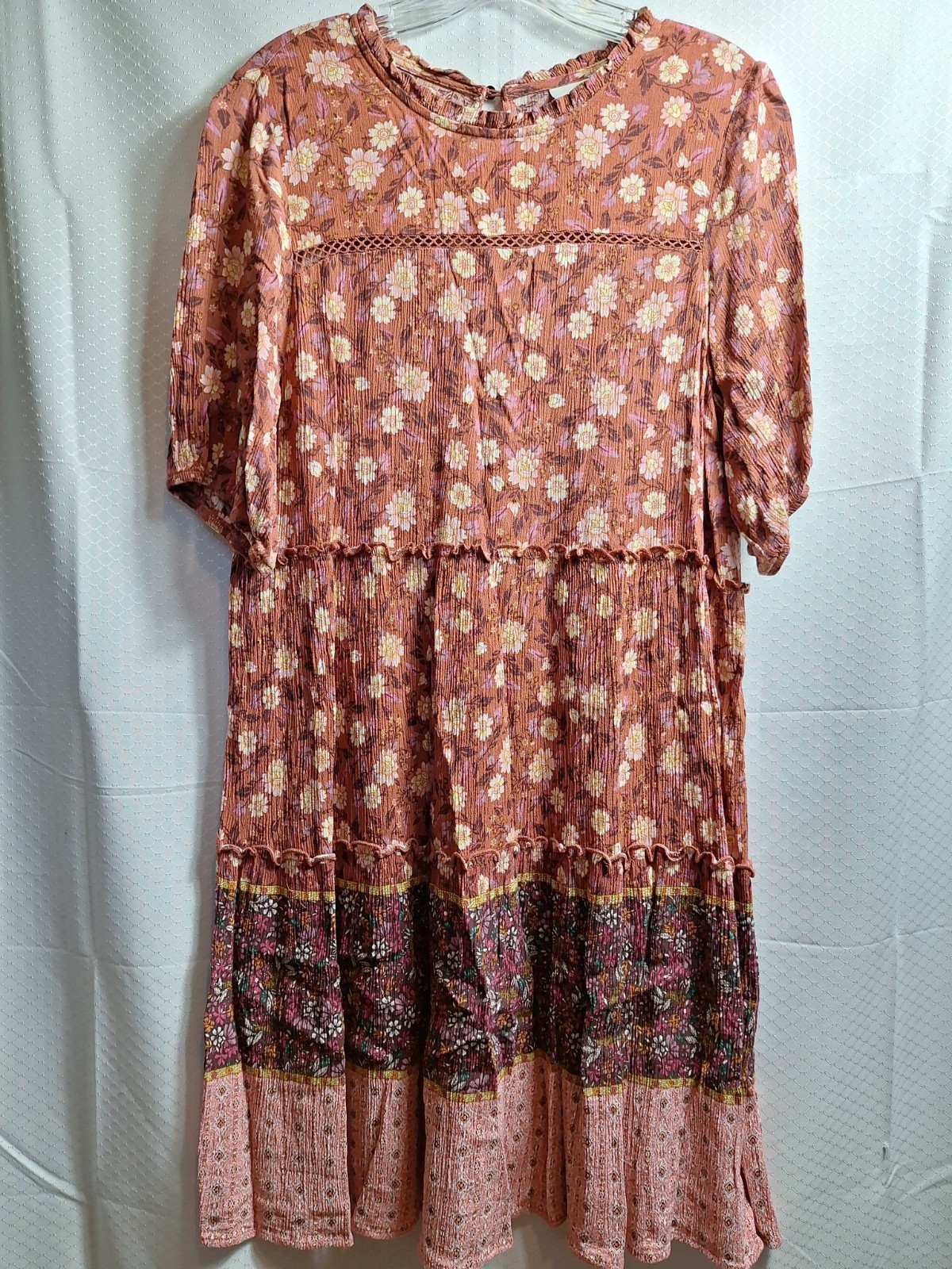 KNOX ROSE Peasant Midi Dress Sz M Rusty Orange Floral Cottagecore Prairie Boho