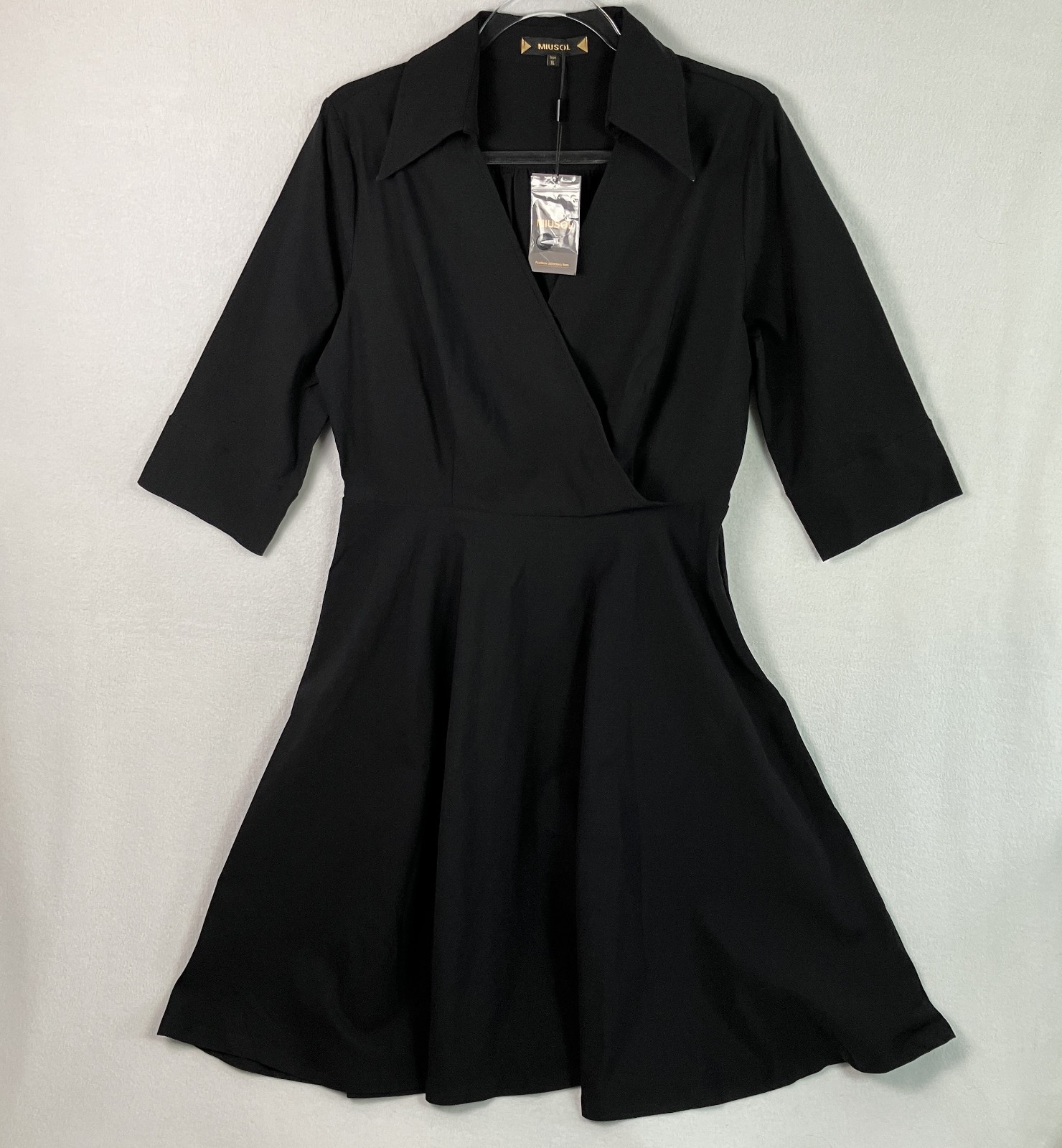 Miusol Collared Wrap-Style Dress Women’s Size XL Black 3/4 Sleeve NWT