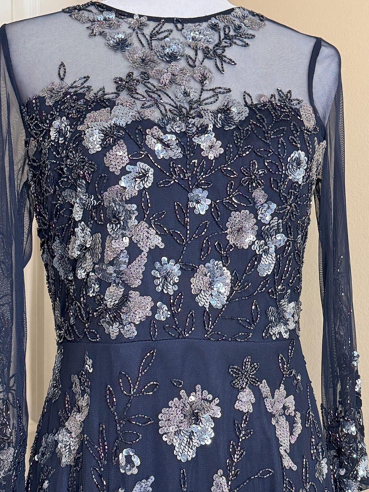 Adrianna Papell Floral Sequin Beaded Sheer Navy Dress NWT Size 6