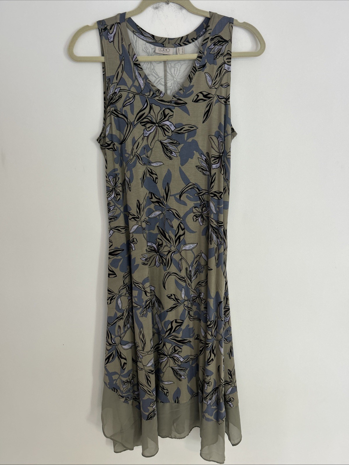 Logo Women’s S V-Neck Sleeveless Pockets Sheer Hem Blue Green Floral Long Dress
