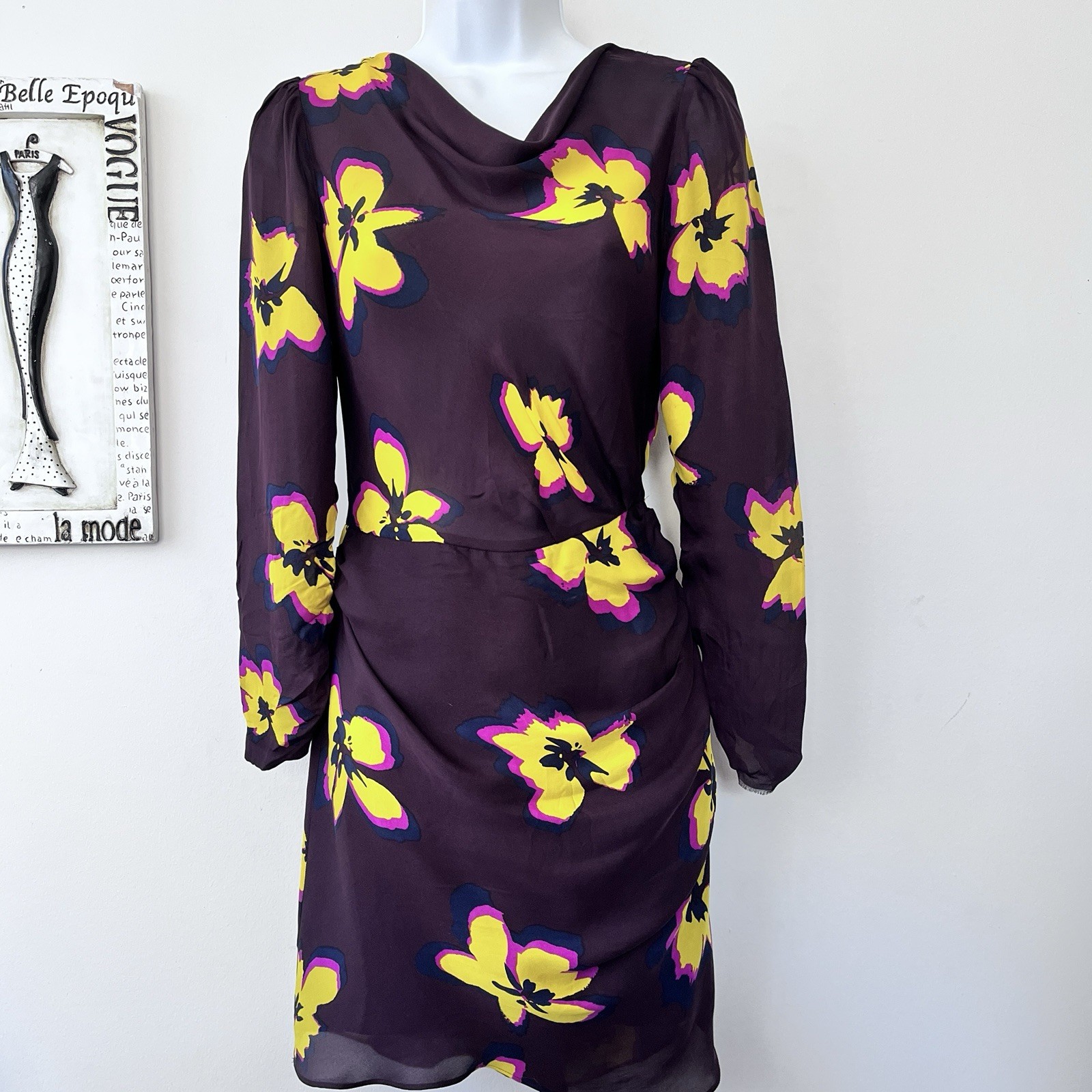 A.L.C. Chocolate Grace 100% Silk Floral Print Long Sleeve Mini Dress Size 4
