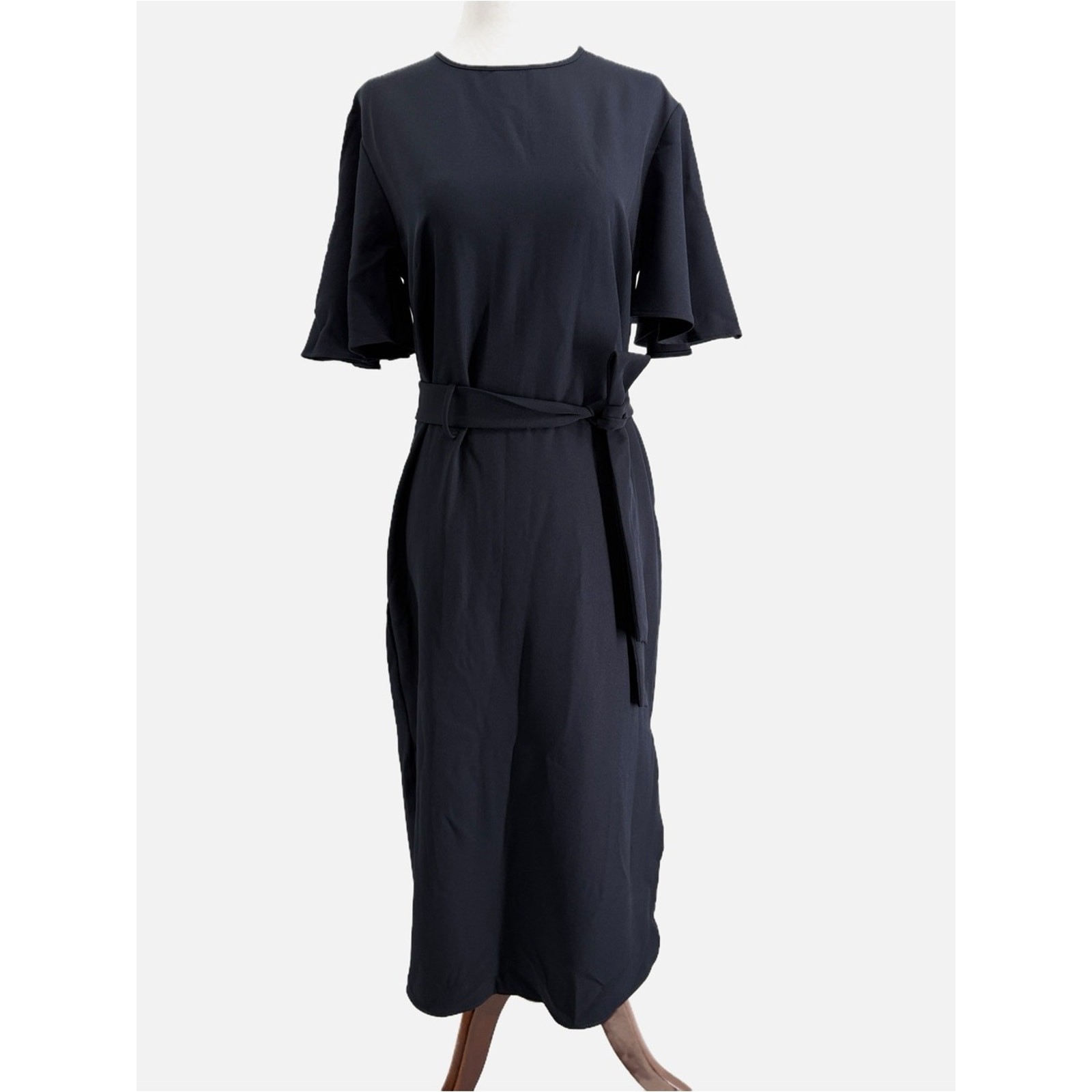 Iris & Ink Navy Flutter Sleeve Tie Waist Midi Dress Size 10 Made in Italy