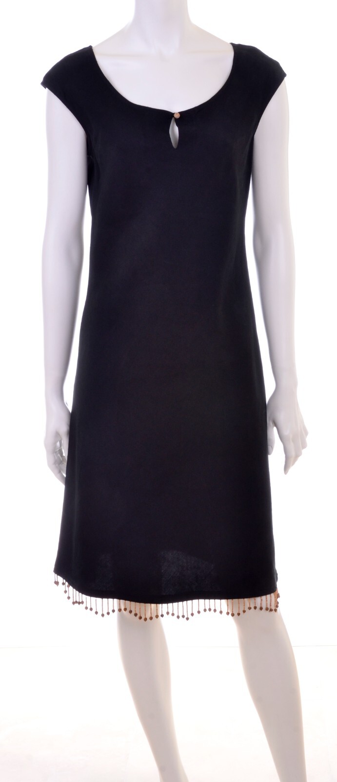 Finity Silk & Linen Black Tropical Islands Cruise Dress w Natural Beaded Hem 4