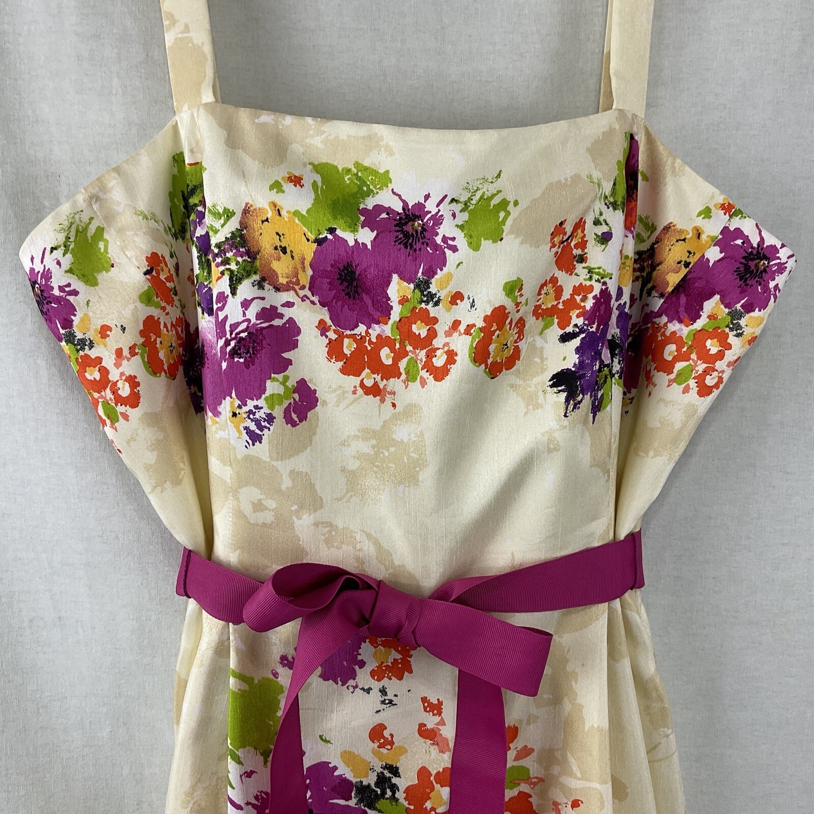 Vtg Jessica Howard Sun Dress Cream Multicolor Floral Pink Sash Fit & Flare Sz 12