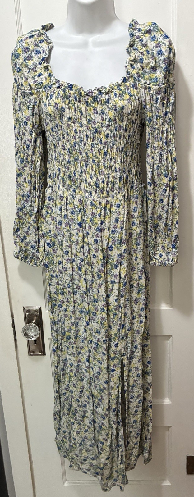 RIVER ISLAND Milkmaid Smocked Garden Floral Dress Cottage Core UK14 US 10 M L