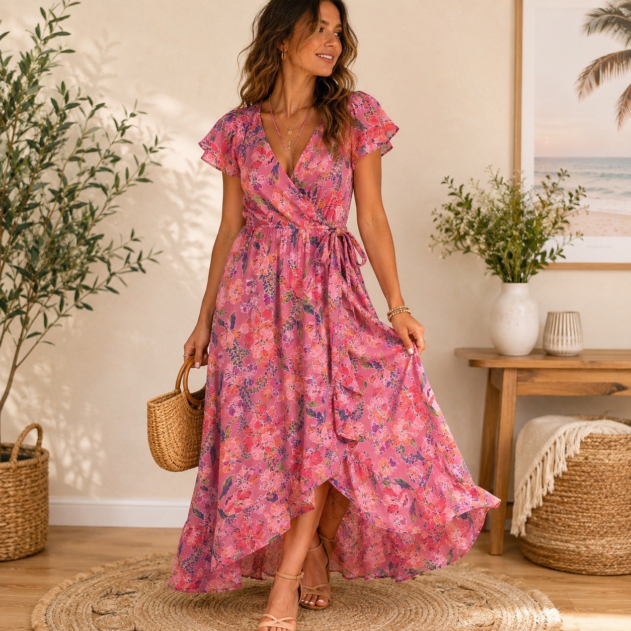 Band of Gypsies Floral Maxi Dress Womens L Pink High-Low Wrap Boho Cottagecore