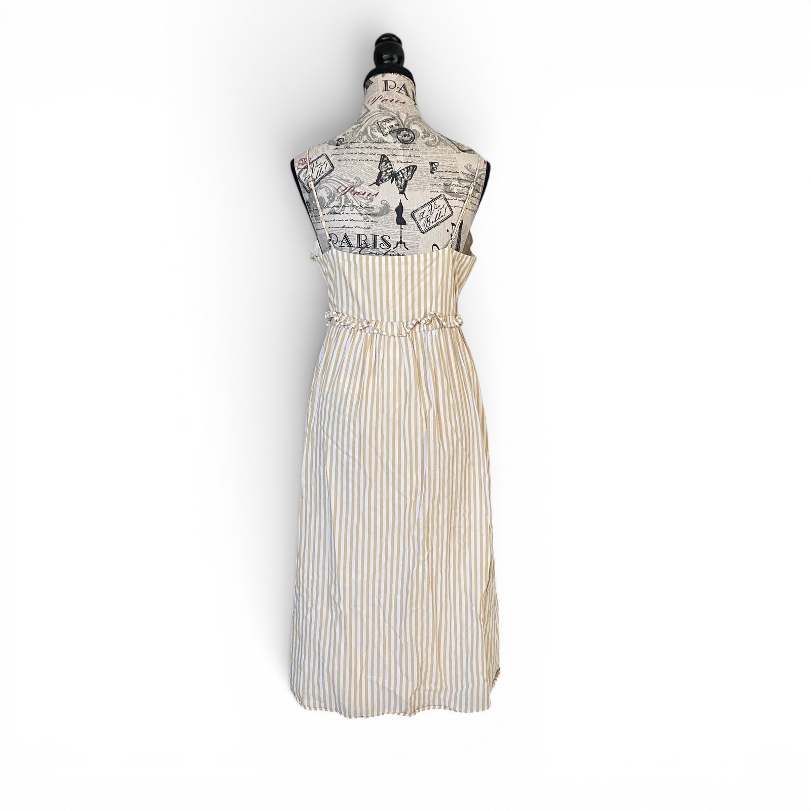 Line + Dot Midi Dress Womens M Tan White Striped Cotton Tie Waist Coastal Preppy