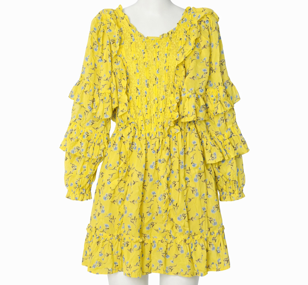 Happy Nature Kate Hudson Yellow Floral Dress XS Ruffle Mini Ditsy Meadow Boho