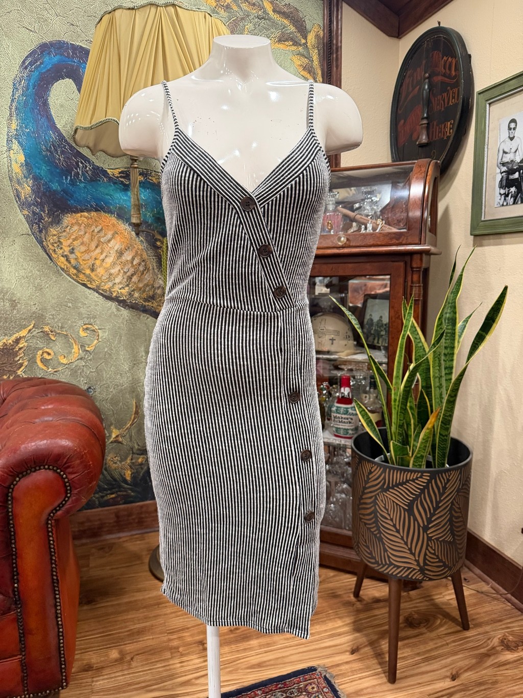 Caution To The Wind Dress Small Black White Stripe Button Front Bodycon Midi Str