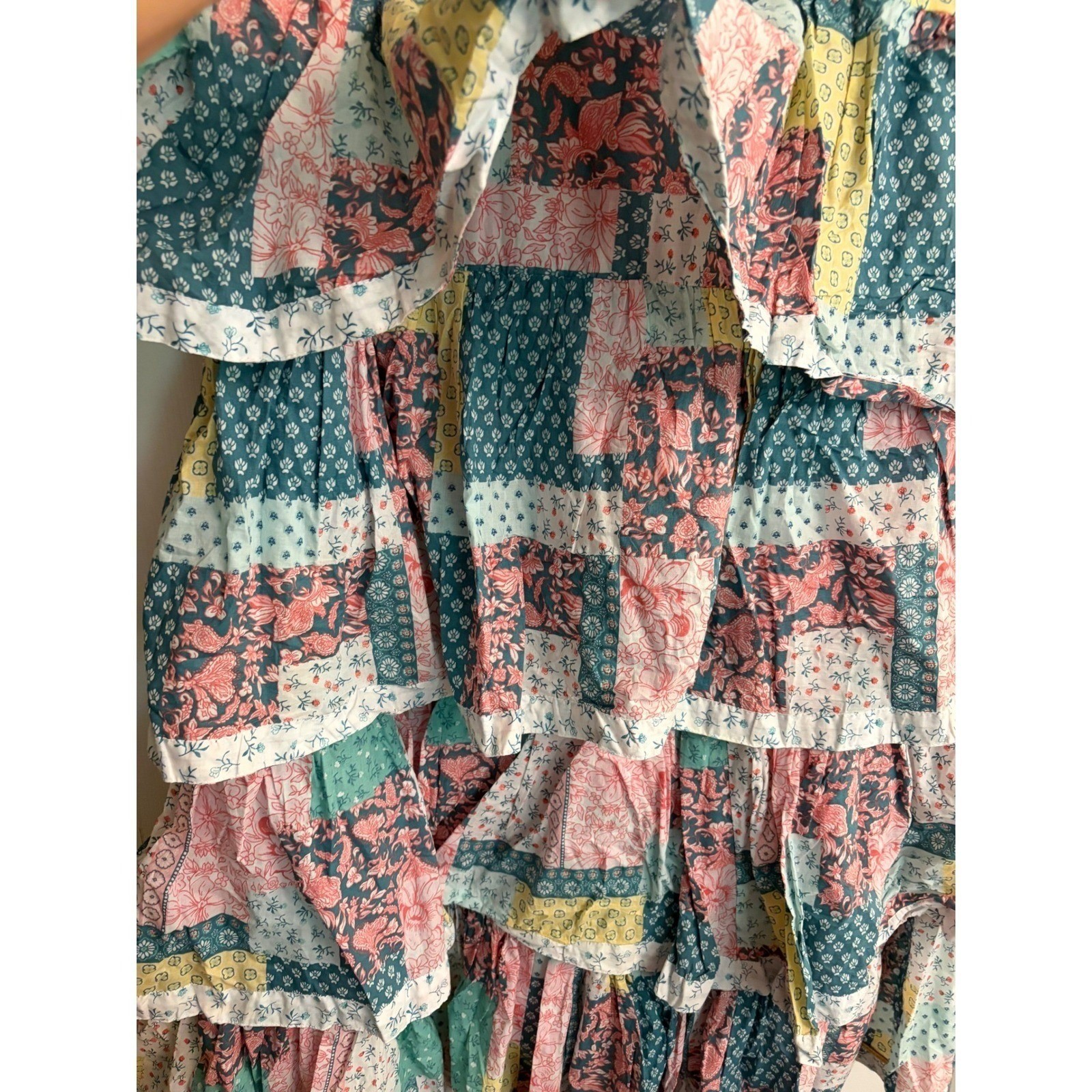 New Simply Southern Patchwork Tiered Maxi Dress Pink Teal Floral Large cottage
