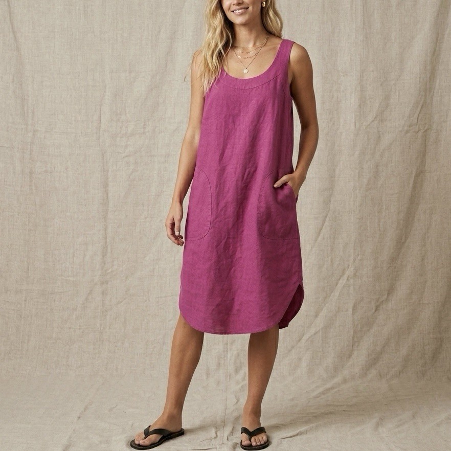 0039 Italy Dress 100% Linen Fuchsia Women’s Small Boho Lagenlook Pockets Resort