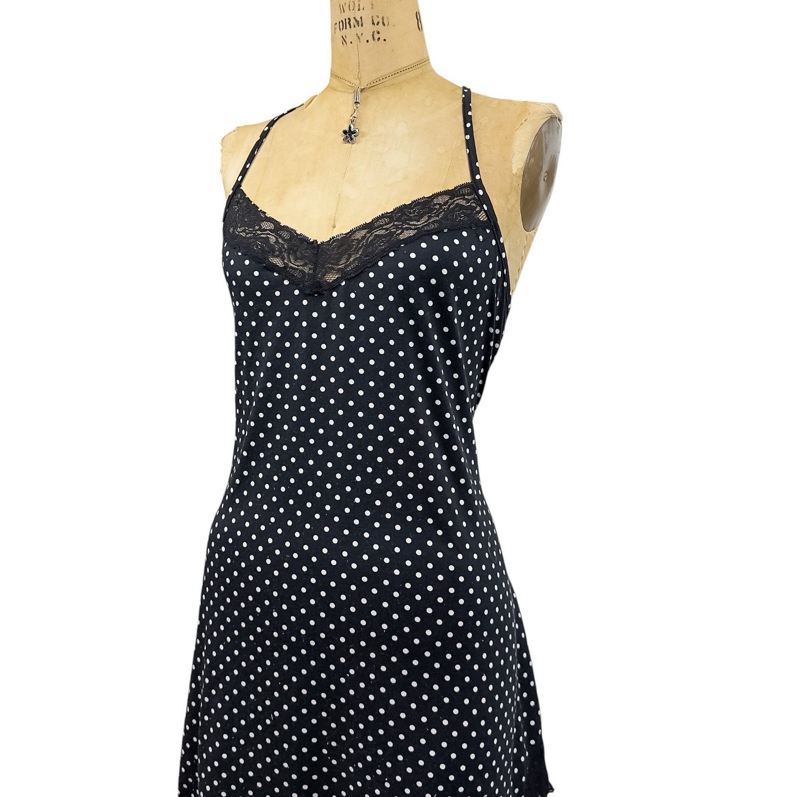 Y2K Polka Dot Mini Slip Asymmetrical Lace Hem Dark Coquette Babydoll Size M