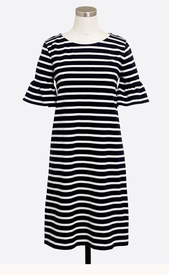 J Crew Black White Stripe Ruffle Sleeve Nautical Business Shift Dress Medium