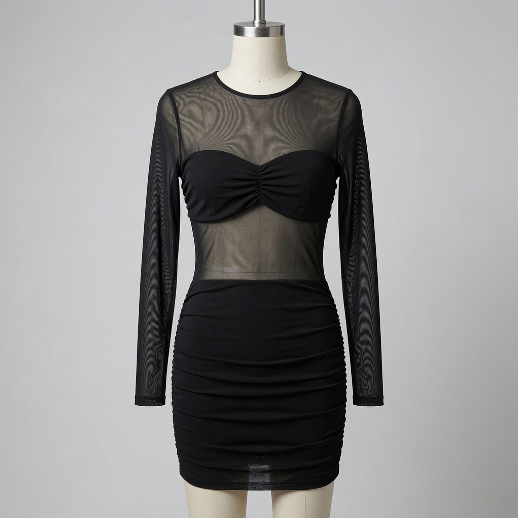 Windsor Black Ruched Mesh Mini Dress Sheer Long Sleeve Bodycon Size S