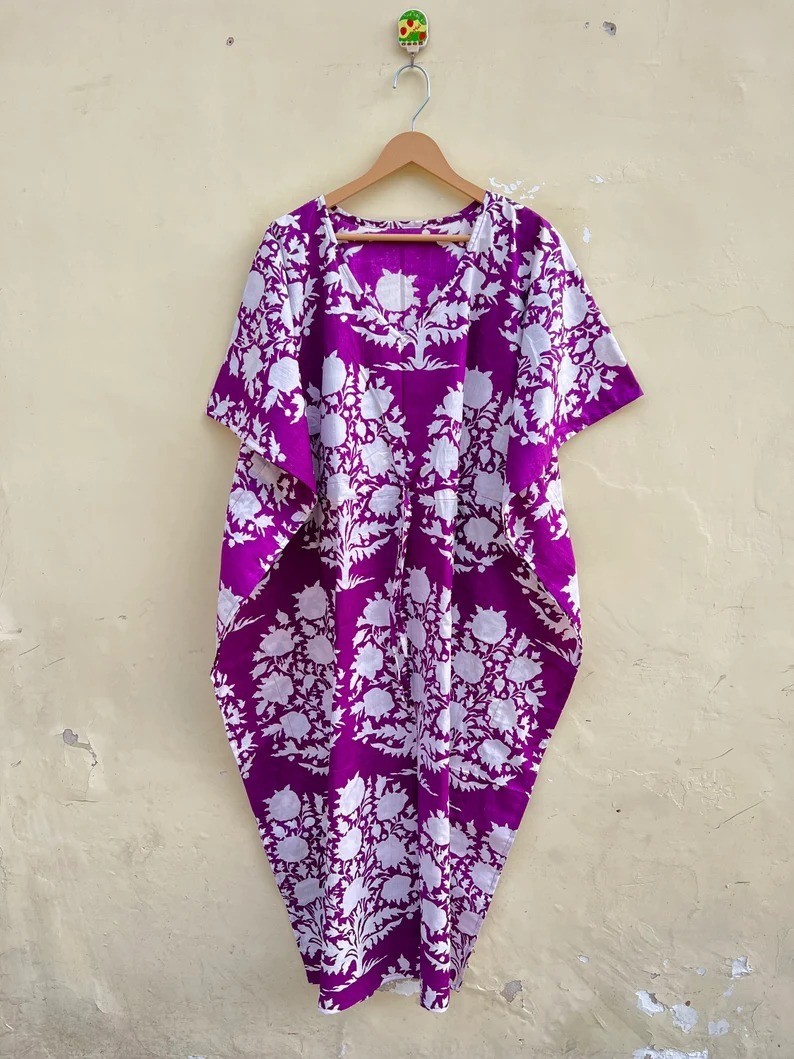 Indian Purple Floral Handmade Cotton Kaftan Maxi Dress Women’s Clothing Gown US