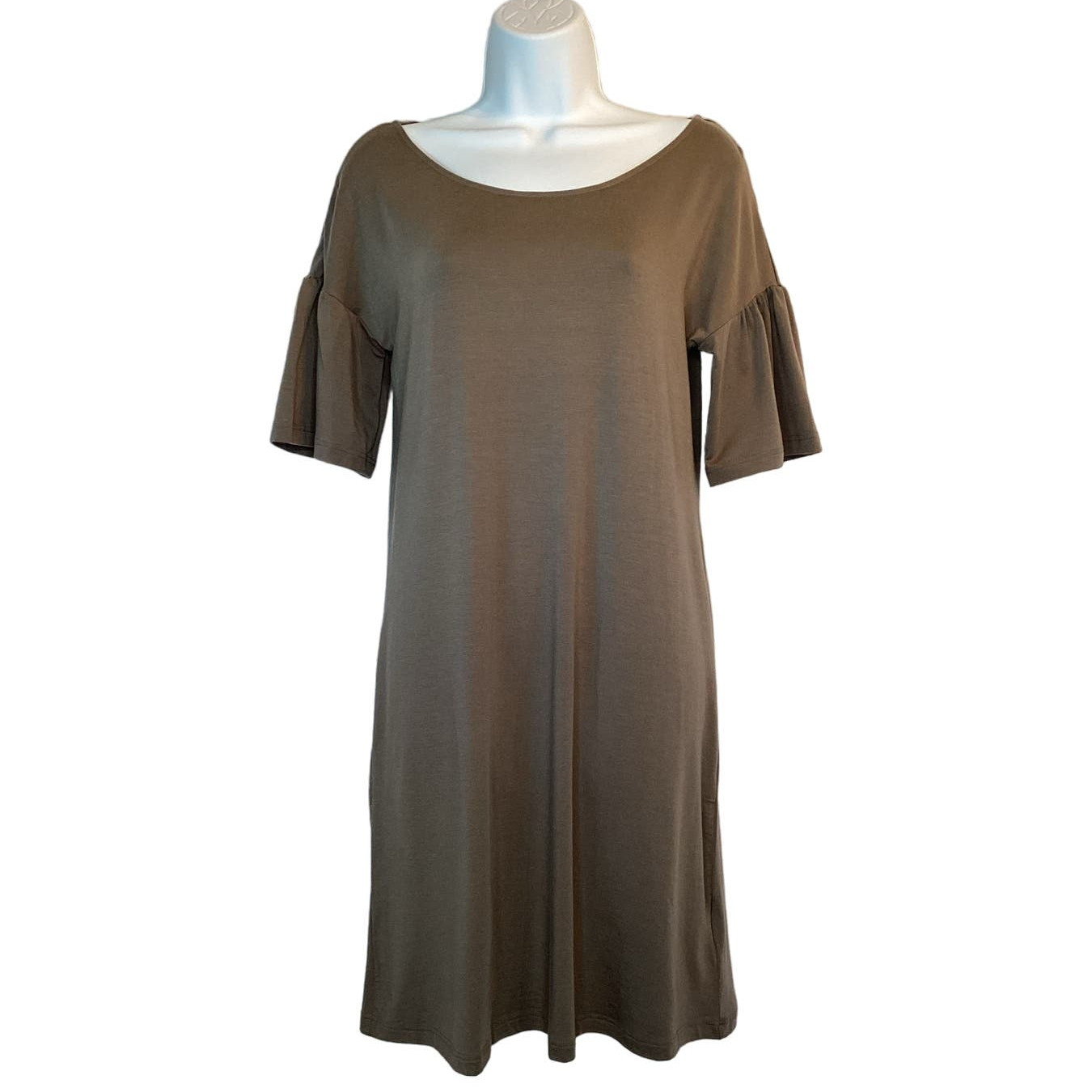 Garnet Hill Ruffle Short Sleeve Stretch Knee Length Knit Dress Brown Size XSmall