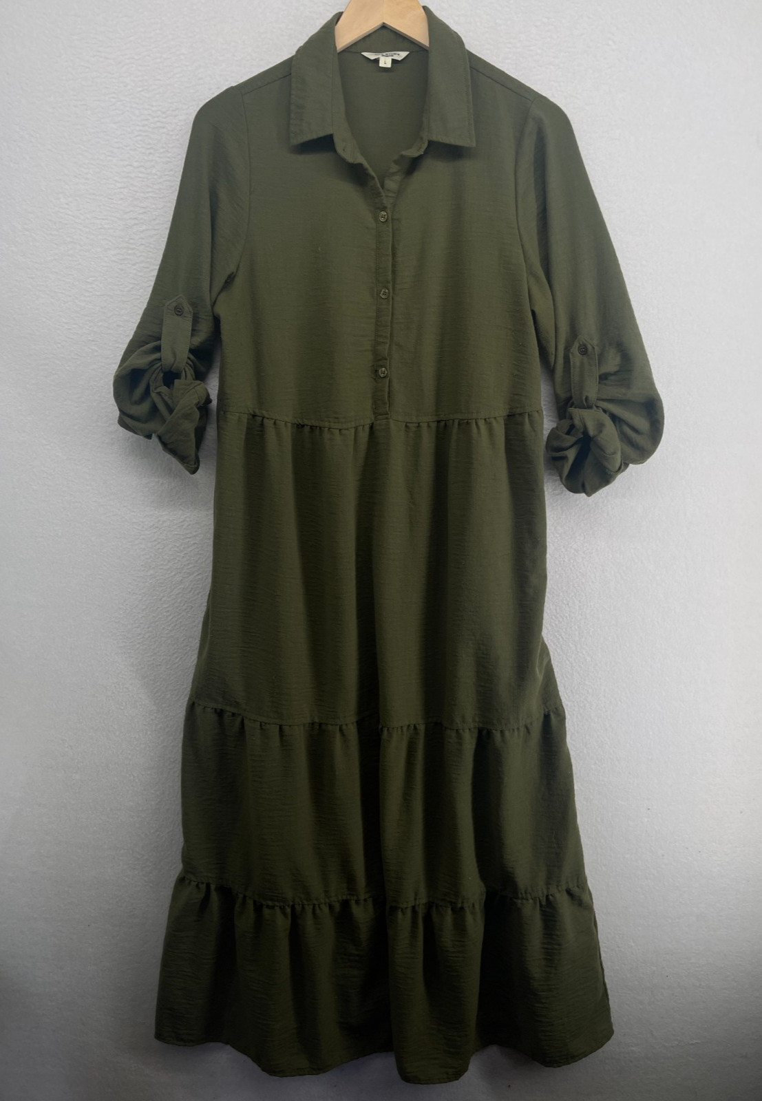 MAX STUDIO Dress L Olive Tiered Maxi Shirtdress Popover Roll Tab Sleeve Green