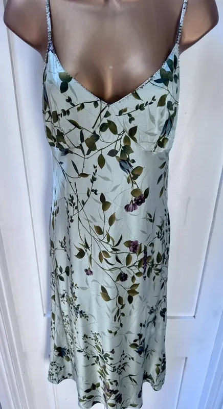Monsoon 100% Silk Vintage Floral Cami Midi Dress UK 14 Sage Green Wedding Guest