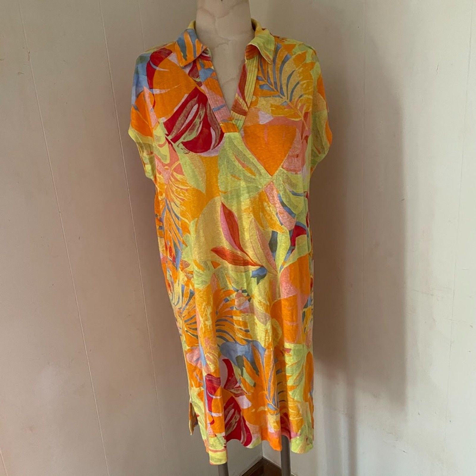 C & C CALIFORNIA Linen Lyocell SHEATH DRESS Tropical Floral L NWOT
