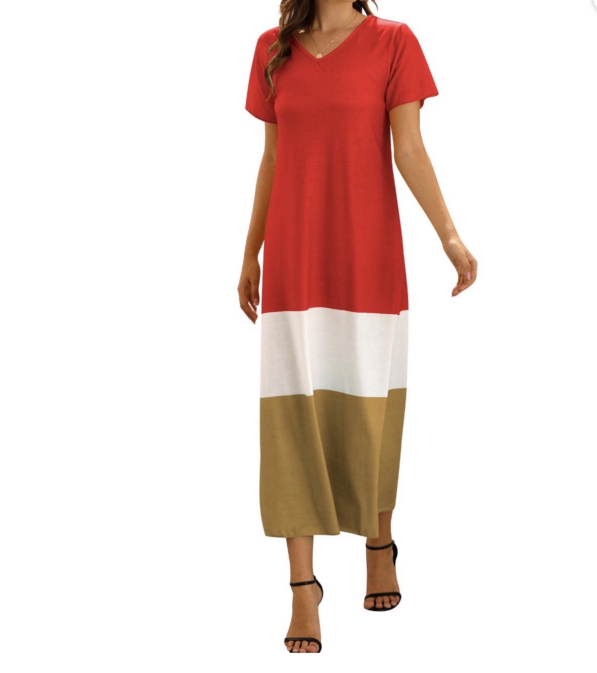 Red White Brown Colorblock Maxi Dress V-Neck Short Sleeve Knit Pullover M