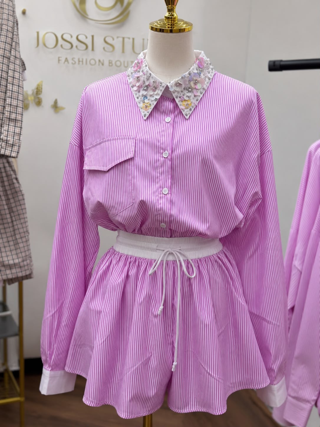 Women’s Pink Stripe Shirt & Shorts Set Embellished Collar Long Sleeve Two Piece
