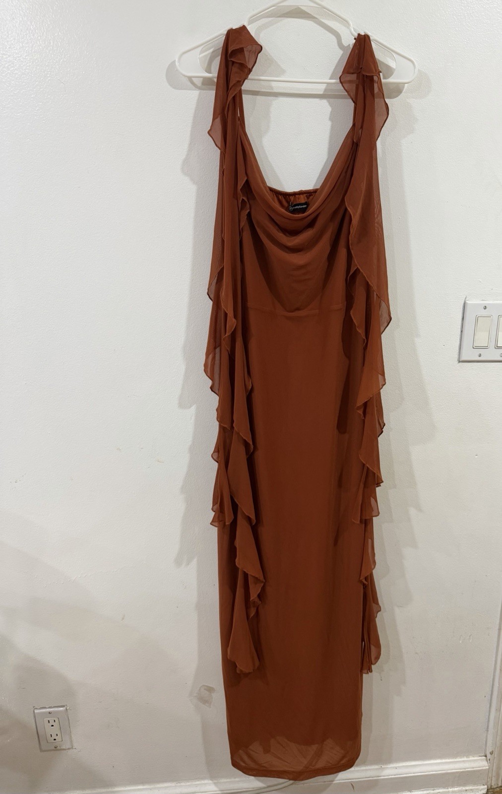 PrettyGarden Brown Solid Cowl Neck Ruffle Adjustable Strap Midi Dress Size L