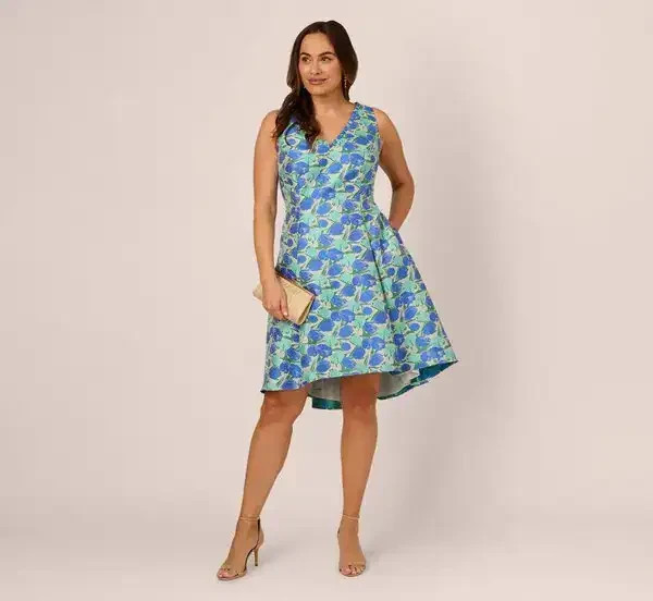 Adrianna Papell Blue Green Floral Jacquard Fit & Flare Dress Size 8 $179