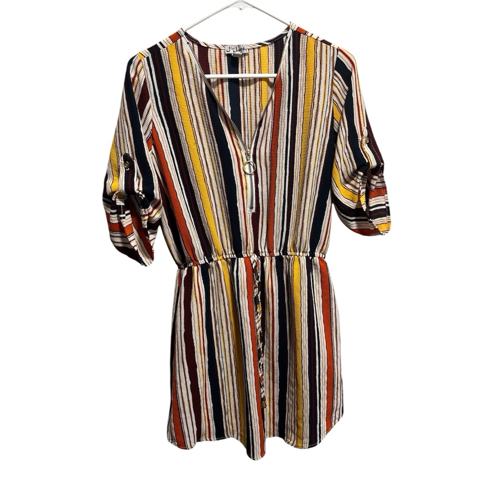 J For Justify Shirt Dress Women’s Size M Vertical Stripe Roll Tab Zip Front Mini