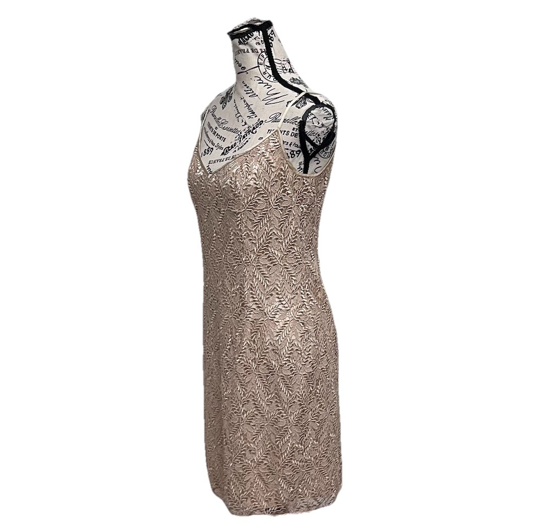 Oleg Cassini Champagne Crochet Mini Dress 8P Metallic Formal Cocktail Party