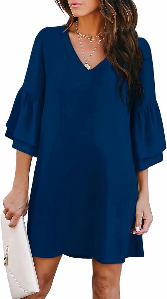 BELONGSCI Women’s Sweet & Cute V-Neck Bell Sleeve Mini Shift Dress Navy L/Large
