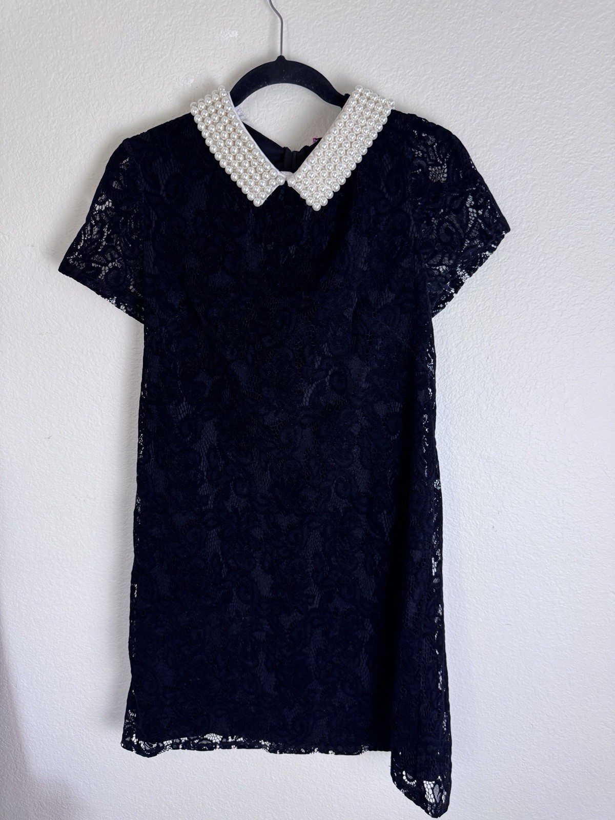 Betsey Johnson 12 Black Floral Lace Shift Dress Pearl Collar Short Sleeve Zip