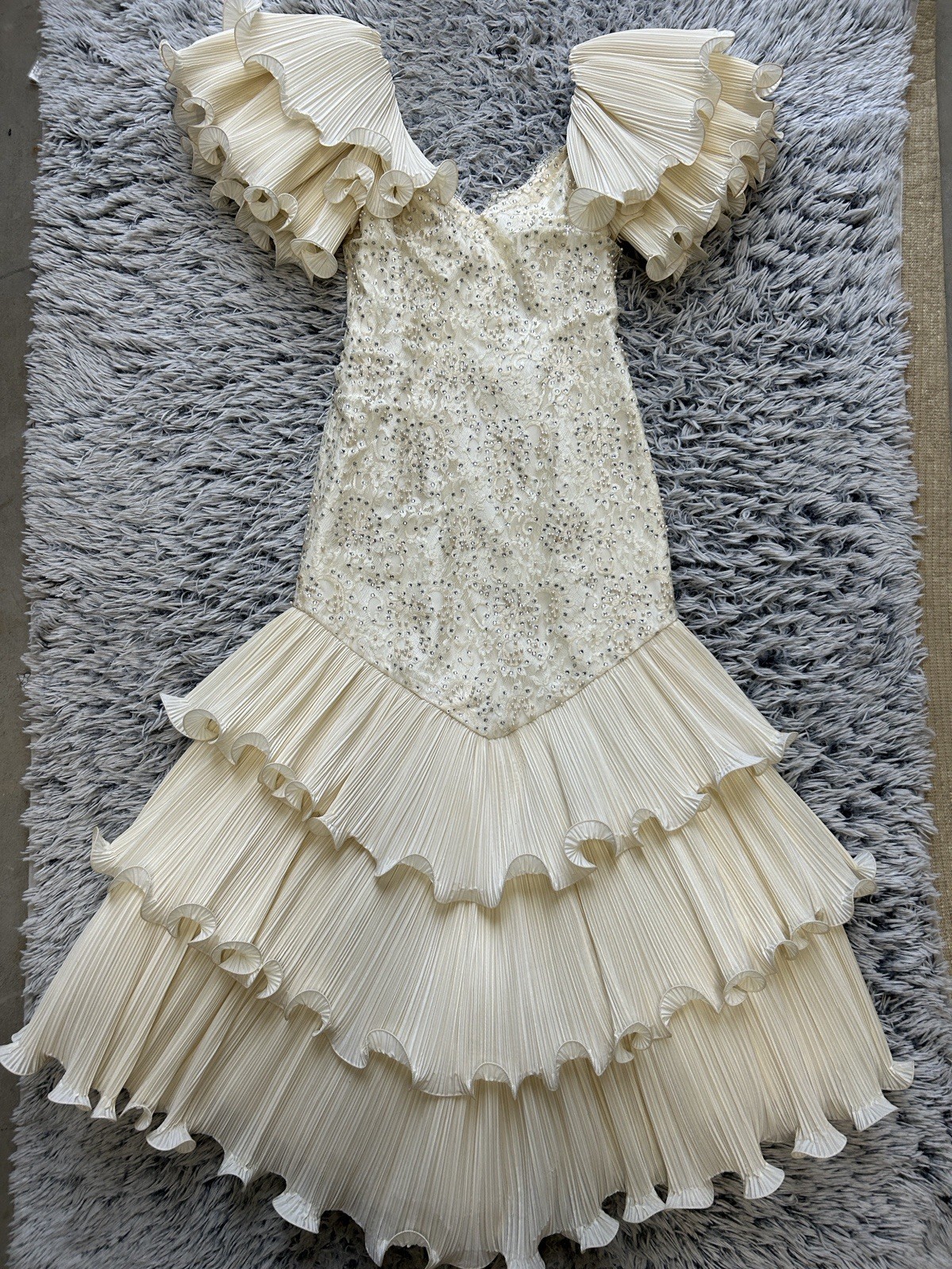 Women Dress Sequin Lace Wedding Gown Layered Ruffle Puff Sleeve Maxi Vintage 80s