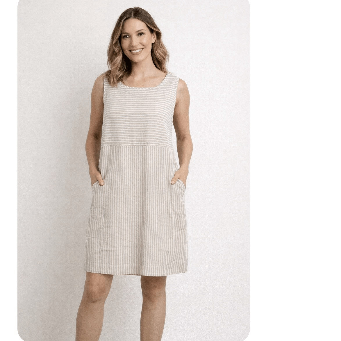 Eileen Fisher Organic Hemp Cotton Striped Shift Mini Dress Size S Natural Beige