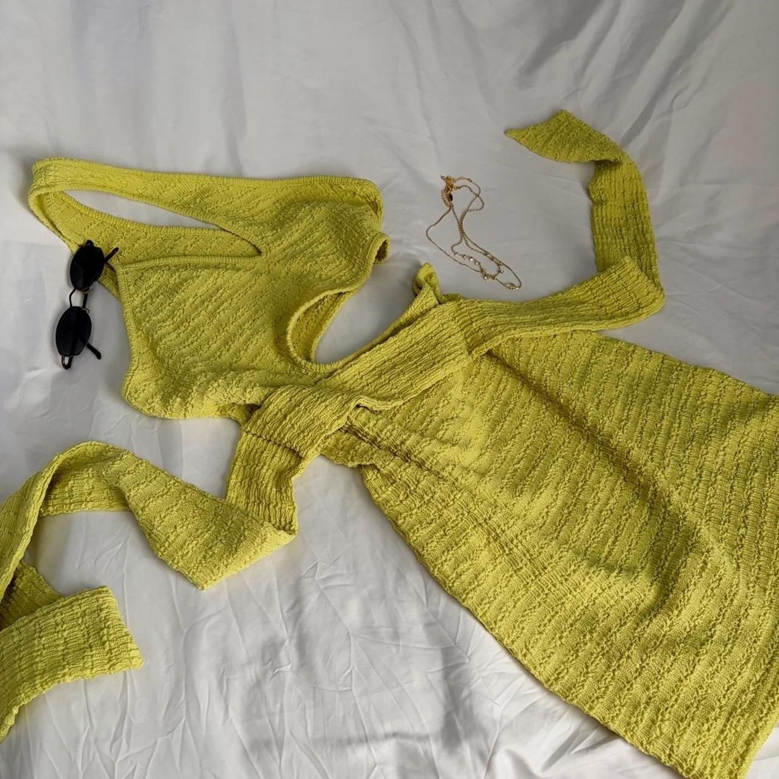 Chartreuse green textured bodycon mini dress