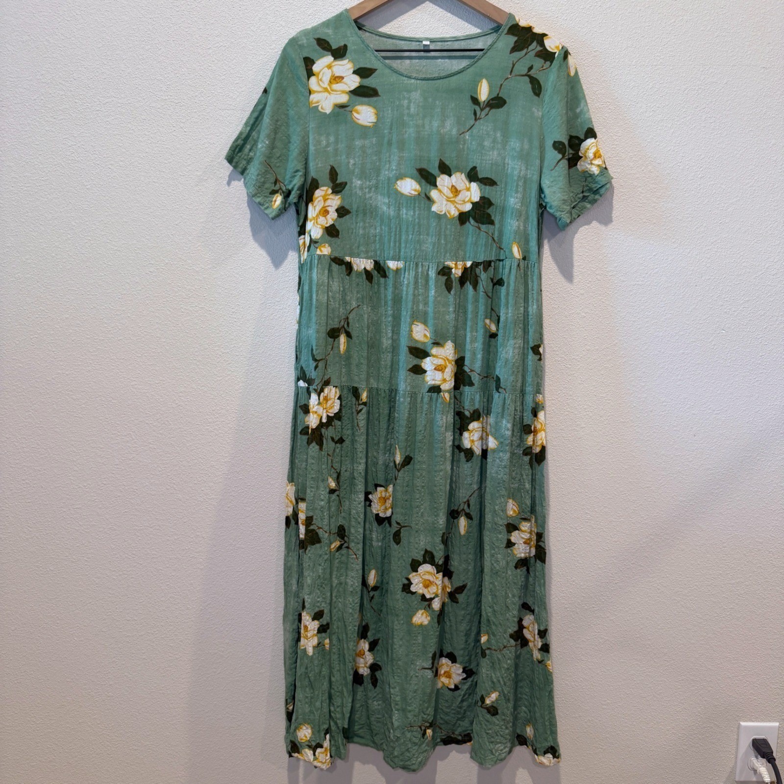 Womens Midi Dress Floral Cottagecore Boho Tiered Art Lagenlook Earthy Size M