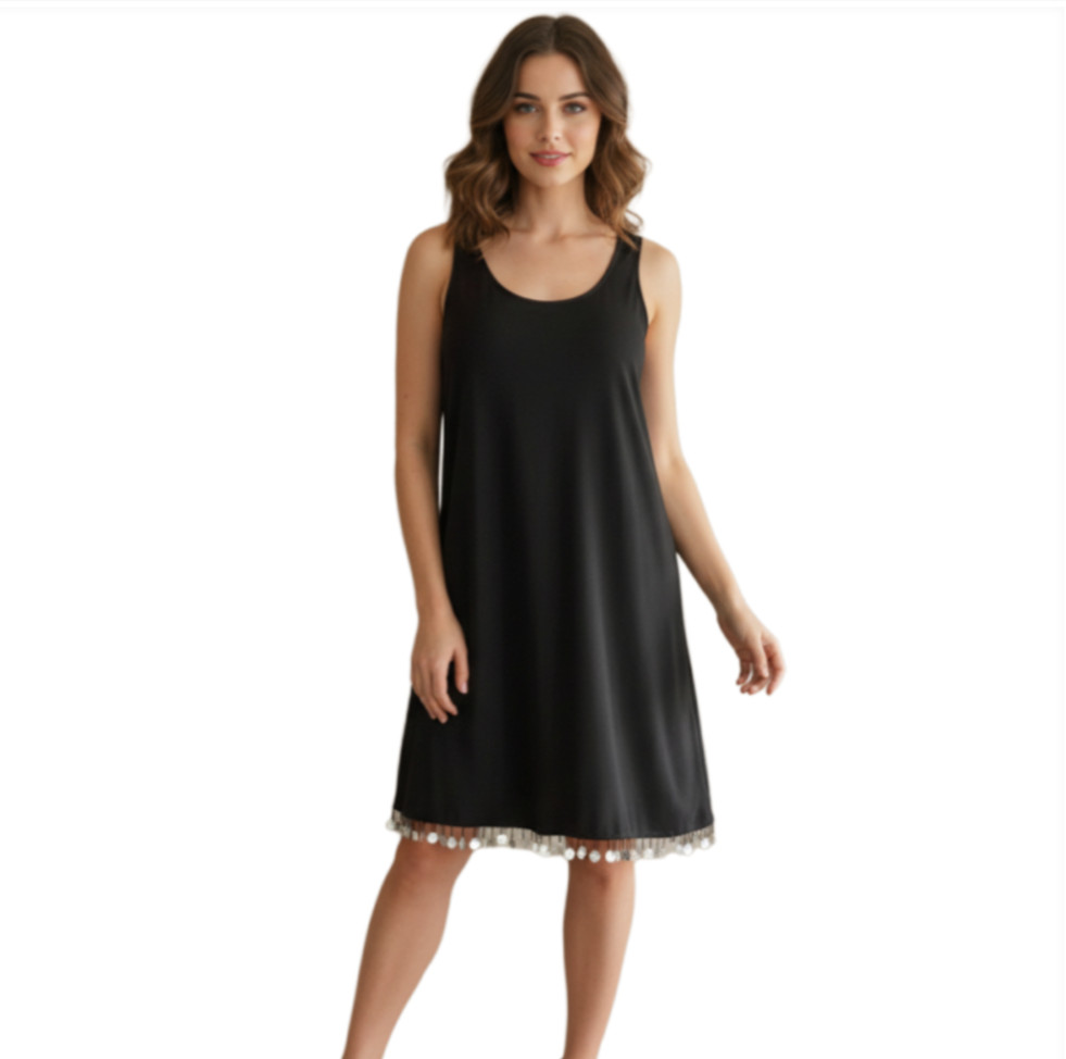BLACK DRESS NWT WITH SHELLS BEAD HEM TIANA B SIZE LARGE SLEEVELESS